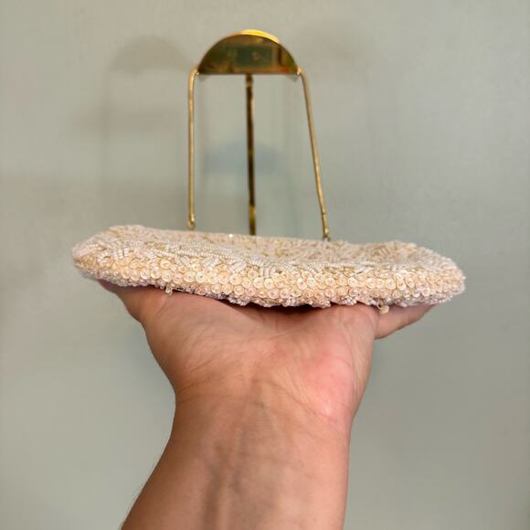 Vintage Beaded Clutch Shoulder Bag Evening Handbag Purse Sequin Elegant Cream - Picture 5 of 11